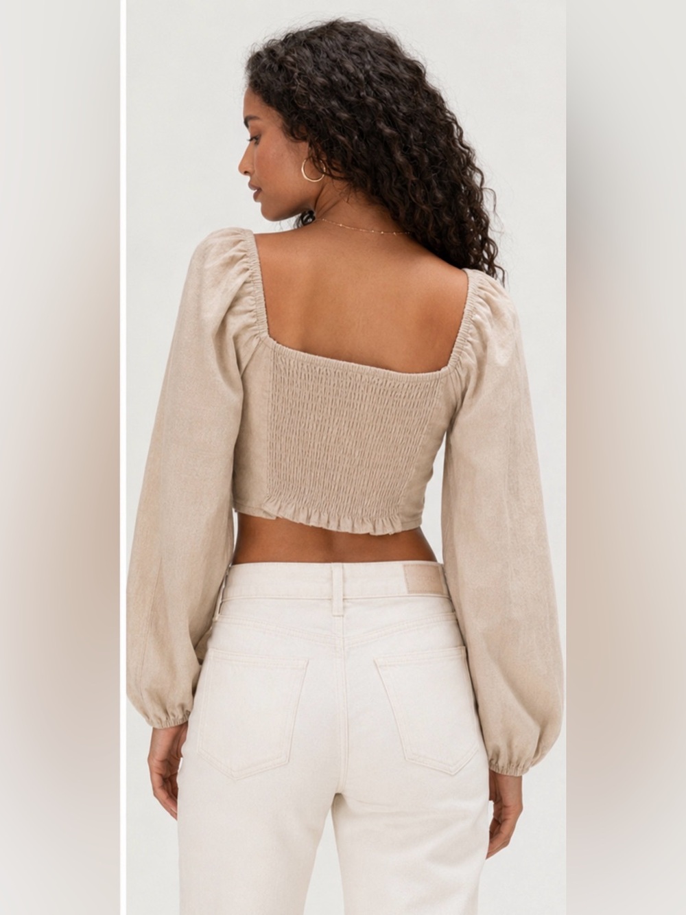 Kirious Los Angeles Linen Blend Puff Sleeve Crop Top | Beige | Size Large - Picture 2 of 5